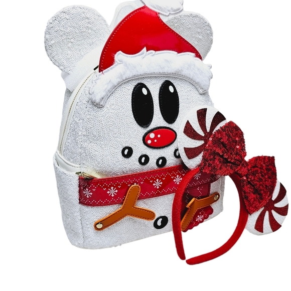DISNEY Loungefly Mickey Mouse Sequin Snowman Mini Backpack + Handmade Ears - Picture 7 of 11
